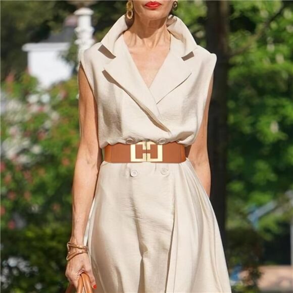 Leather Elastic Waist Belt â Double Buckle Wide Cinch Belt for Women - Picture 1 of 4